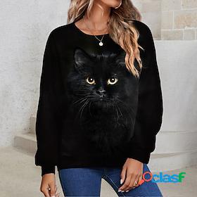 Womens Sweatshirt Pullover Basic Black Cat Street Long