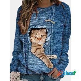 Womens Sweatshirt Pullover Basic Blue Cat Street Long Sleeve