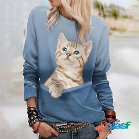 Womens Sweatshirt Pullover Basic Yellow Pink Blue Cat Street