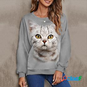 Womens Sweatshirt Pullover Print Active Streetwear Gray Cat