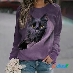 Womens Sweatshirt Pullover Streetwear Purple Cat Street Long