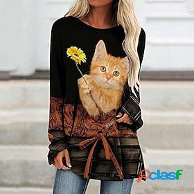 Womens T shirt Dress Black White Blue Print Cat Dog Casual