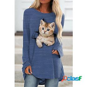 Womens T shirt Dress T shirt Tee Black White Blue Print Cat
