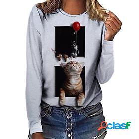 Womens T shirt Tee Black White Khaki Print Cat 3D Daily