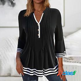 Women's T shirt Tee Tunic Black Button Flowing tunic Striped