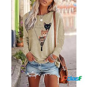 Womens T shirt Tee White Blue khaki Print Cat 3D Daily