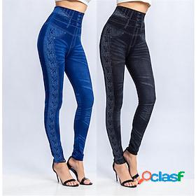 Womens Tights Pants Trousers Faux Denim Black Blue Fashion