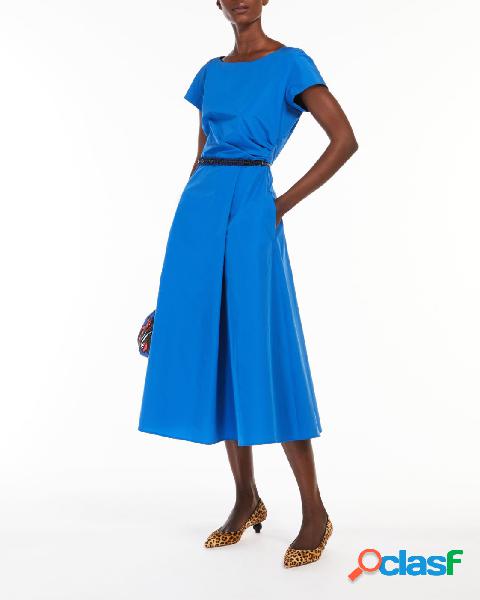 Abito midi blu royal in taffetà con maniche corte a kimono