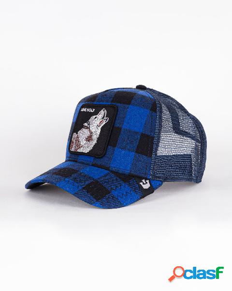 Berretto Code Blue trucker in tessuto check nero e blu con