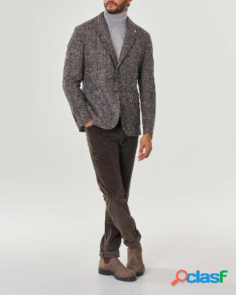 Blazer grigio pied de poule con check marroni in misto lana