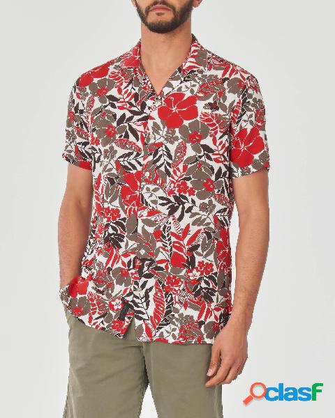 Camicia mezza manica in viscosa con stampa floreale rossa e