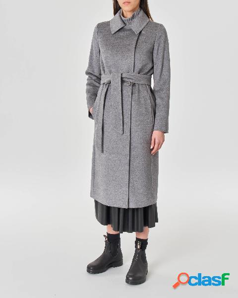 Cappotto grigio in pura lana con cintura con colletto a