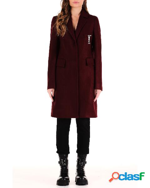 Cappotto lungo bordeaux in misto lana con spilla gioiello