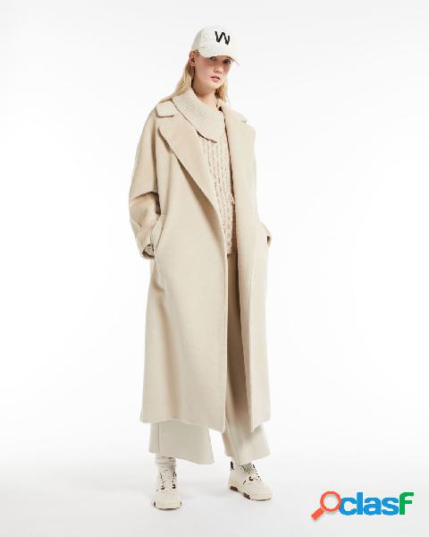 Cappotto lungo color sabbia in lana alpaca e mohair con