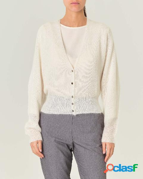 Cardigan avorio in garza di misto lana e mohair con scollo a