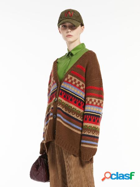 Cardigan in pura lana vergine color marrone con disegni
