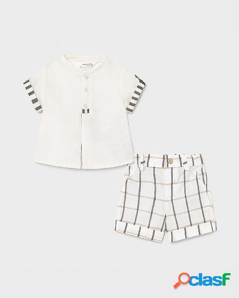 Competo camicia bianca e bermuda a quadretti in misto lino e