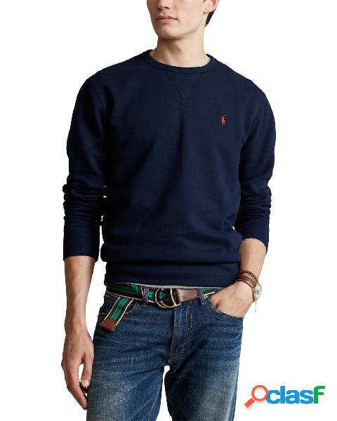 Felpa blu girocollo in cotone con logo pony rosso ricamato