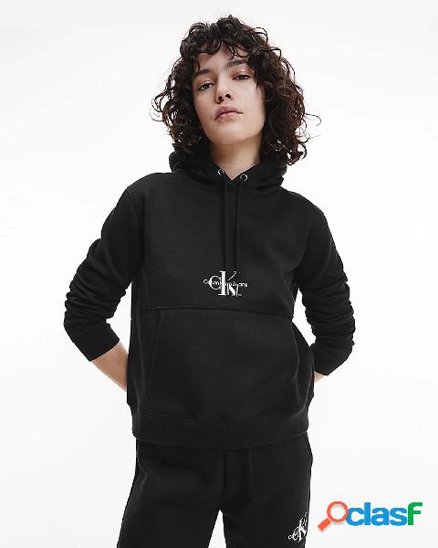 Felpa con cappuccio nera in pile misto cotone con monogramma