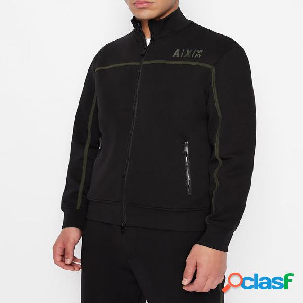 Felpa nera con chiusura zip e profili verde militare
