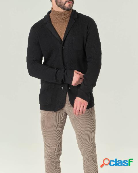 Giacca maglia nera in misto lana punto Milano con tasche