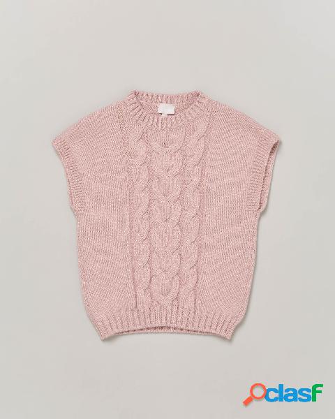 Gilet rosa a trecce in misto lana e cashmere con inserti