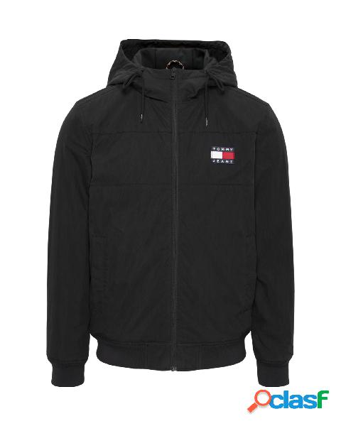Giubbino nero in softshell con cappuccio e interno in pile