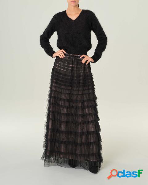 Gonna lunga nera a balze in tulle plissé con fodera in