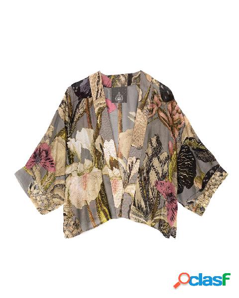 Kimono corto grigio in misto cupro e modal a fantasia iris