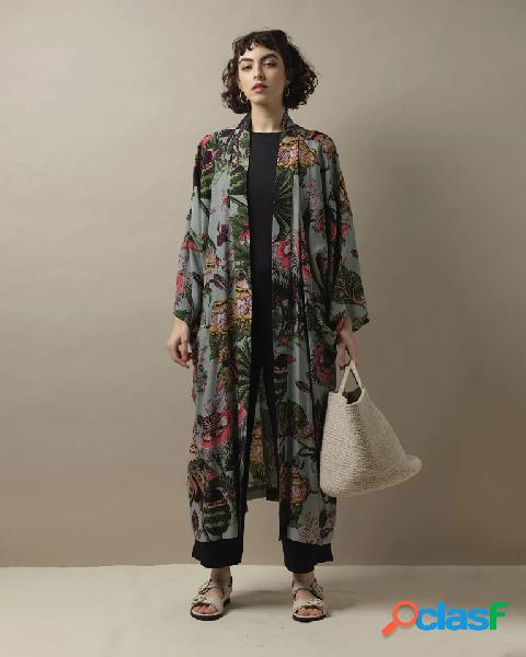 Kimono lungo grigio in misto cupro e modal a fantasia