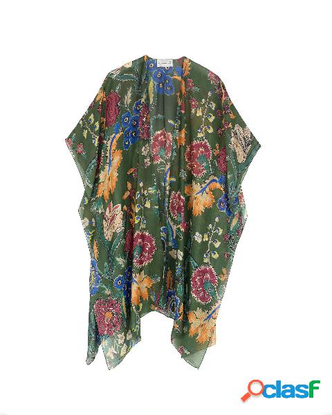 Kimono midi verde in misto cupro e modal a fantasia floreale