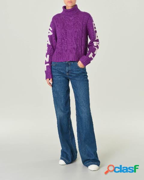 Maglia a collo alto viola in lana e cashmere con motivo a