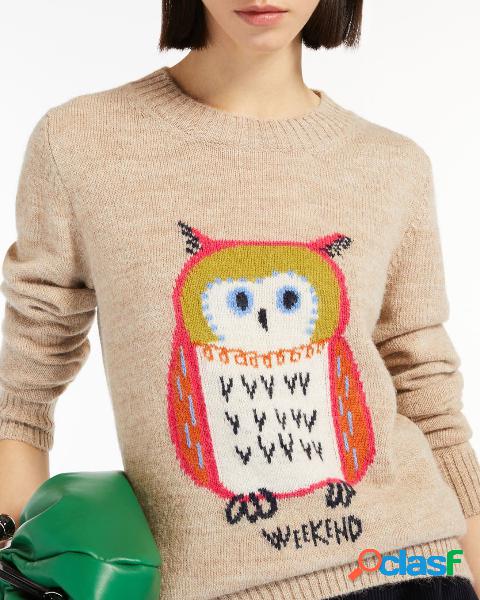 Maglia girocollo beige in alpaca e lana con gufo multicolore