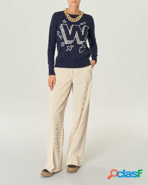 Maglia girocollo blu in alpaca e lana con 'W' bianca a
