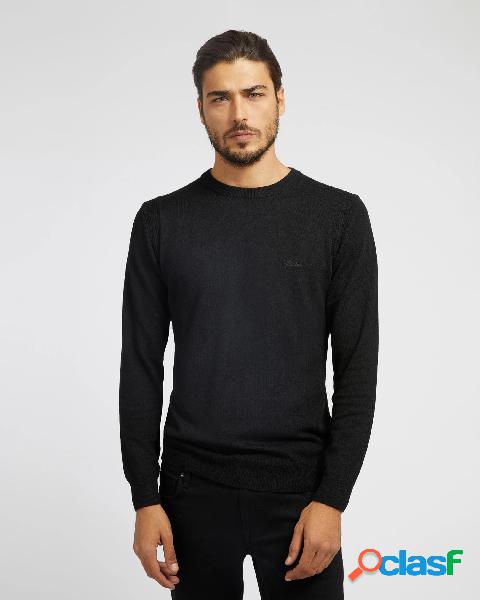 Maglia girocollo nera in misto lana e seta con logo scritta