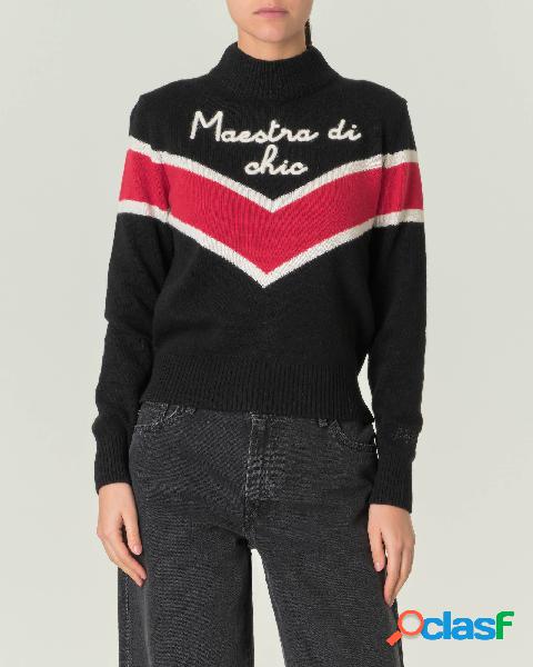 Maglia nera a collo alto in misto alpaca con motivo chevron