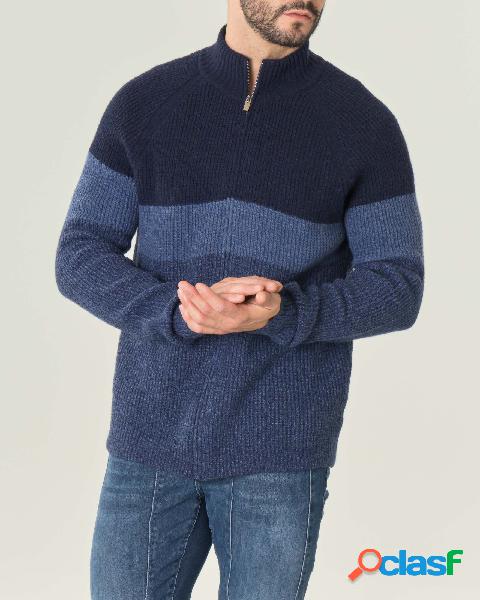 Maglione blu color block in lana punto pannocchia con