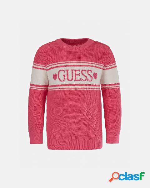Maglione girocollo rosa con banda orizzontale bianca e logo