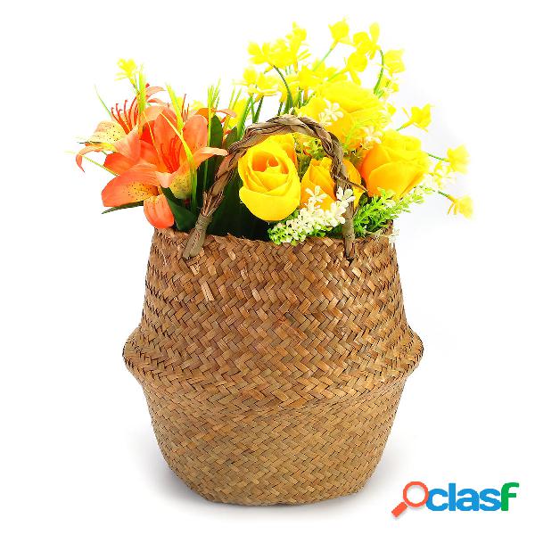 Pieghevole vaso di fiori pianta paglia cestini portaoggetti