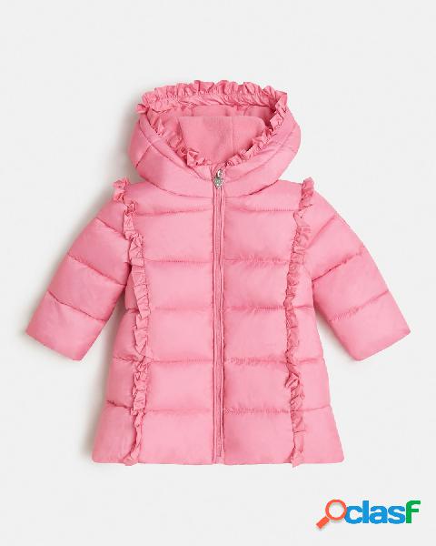 Piumino rosa lungo con rouches e cappuccio fisso 12-24 mesi