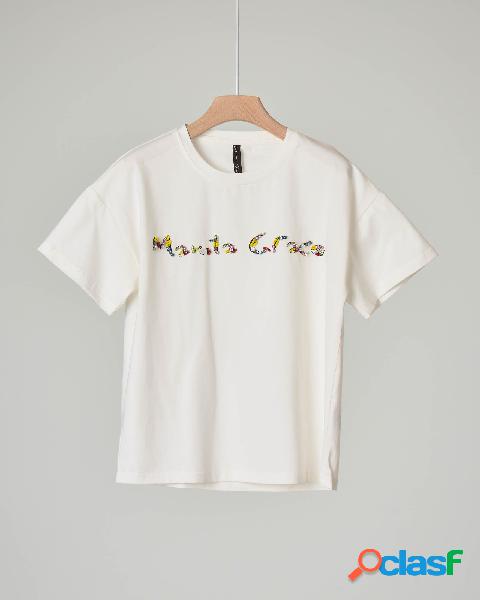 T-shirt avorio in cotone stretch con maniche corte con