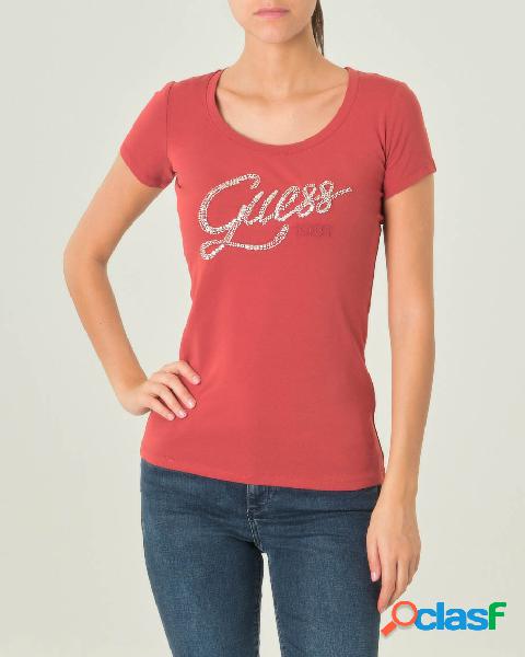 T-shirt bordeaux a maniche corte in cotone con ampio scollo