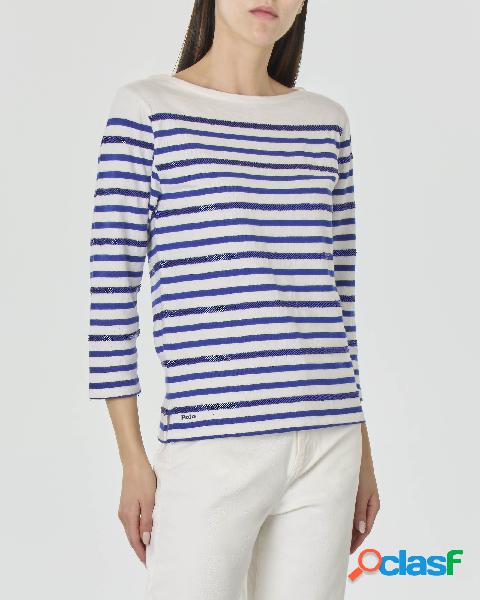 T-shirt in cotone bianca a righe blu con perline applicate e