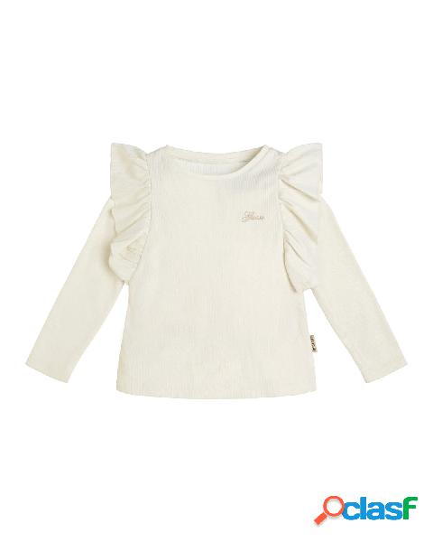 T-shirt manica lunga avorio a costine con rouches applicate