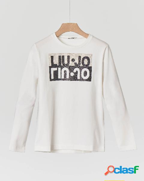 T-shirt manica lunga in cotone stretch con logo specchiato e