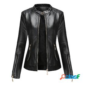 Womens Faux Leather Jacket Pocket Active Sports Casual Faux