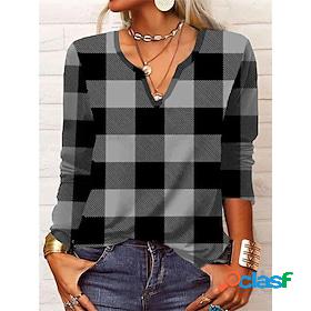 Womens Henley Shirt Red Green Gray Print Plaid Casual Daily