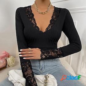 Womens Shirt Blouse Black Lace Patchwork Plain Casual Long