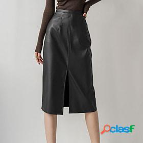 Womens Skirt Work Skirts PU Leather Midi Black Skirts Split