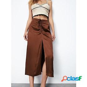 Women's Skirt Work Skirts Polyester Midi Brown Skirts Ruched